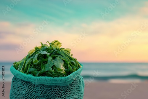 Seaweed is a nutritious superfood vagan food. Fresh seaweed in a net bag against a sunset beach backdrop. photo