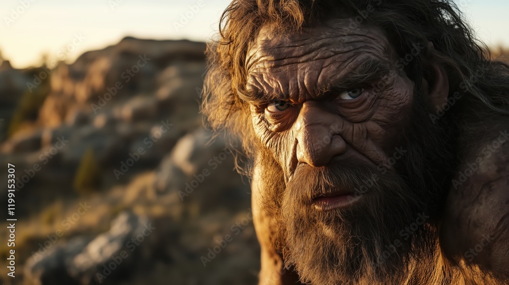 A Neanderthal man stands in a rugged, prehistoric landscape, his intense gaze reflecting the harshness of the environment. A Neanderthal man stands in a rugged, prehistoric landscape, his intense gaze reflecting the harshness of the environment.