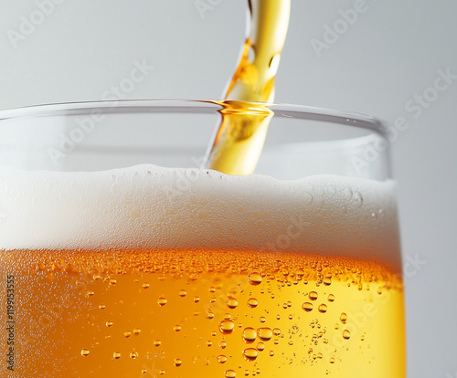 A detailed shot of a glass of beer with golden-yellow liquid and a rich foam head on top. The background is pure white, making the beer and its transparency the focal point. The condensation on the gl