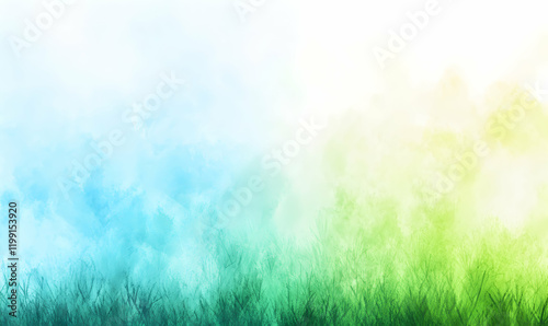 Serene watercolor landscape featuring a gradient of turquoise, green, and yellow hues, depicting a dreamy grass field under a soft, bright sky. Ideal for backgrounds, websites, or calming visuals.