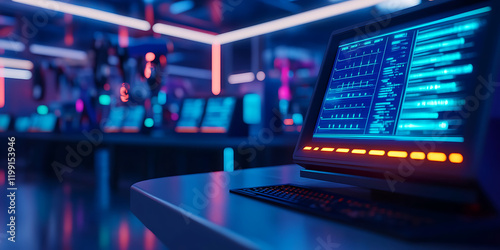 Wallpaper Mural Futuristic control room with glowing displays. Torontodigital.ca