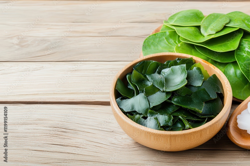 Seaweed is a nutritious superfood vagan food. Fresh seaweed and greens in a wooden bowl on a table. Seaweed is a nutritious superfood vagan food. Fresh seaweed and greens in a wooden bowl on a table.