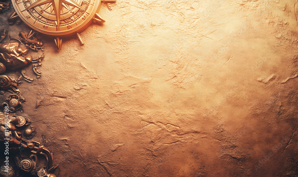 Fototapeta premium Antique compass, ornate metallic details on a textured, golden background. Perfect for adventure, exploration, or historical themes.