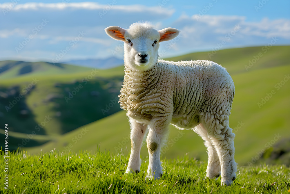Peaceful Lamb in Verdant Meadow: A Portrait of Tranquility and Natural Beauty in a Rural Setting Peaceful Lamb in Verdant Meadow: A Portrait of Tranquility and Natural Beauty in a Rural Setting