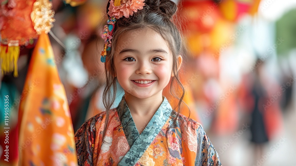A smiling girl in traditional attire, surrounded by colorful decorations at a festive event. A smiling girl in traditional attire, surrounded by colorful decorations at a festive event.