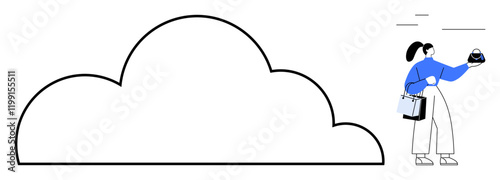 Woman holding device and shopping bags, uploading content to cloud. Ideal for digital storage, cloud computing, technology adoption, online shopping, digital transformation, data management, digital