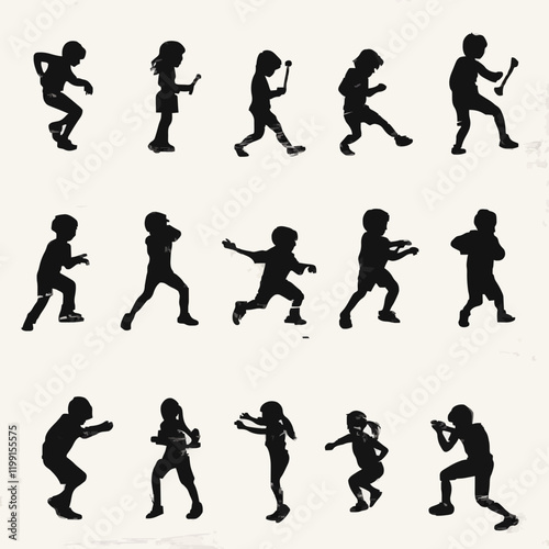 15 silhouettes of children playing different games