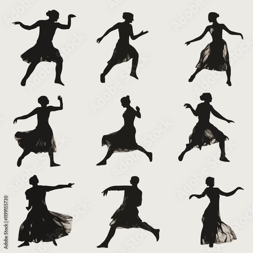 15 silhouettes of dancers performing different dance moves