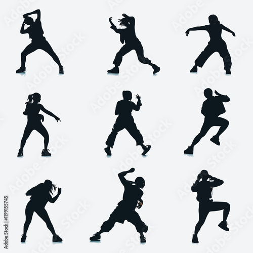 15 silhouettes of dancers performing different dance moves