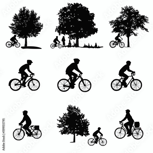 15 silhouettes of different people cycling through a park