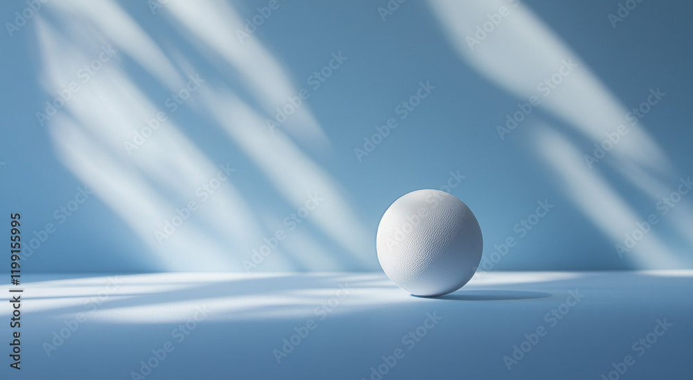 A simple white sphere is placed on a textured blue surface, creating a calm atmosphere. Gentle shadows cast by the light enhance the spherical shape, adding depth to the tranquil setting A simple white sphere is placed on a textured blue surface, creating a calm atmosphere. Gentle shadows cast by the light enhance the spherical shape, adding depth to the tranquil setting
