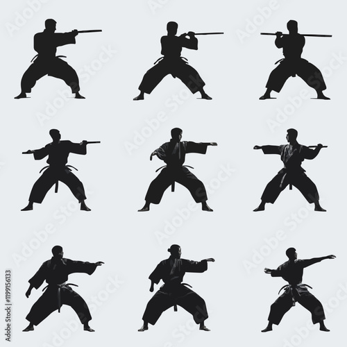 15 silhouettes of people in martial arts stances