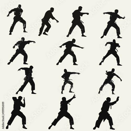 15 silhouettes of people in martial arts stances