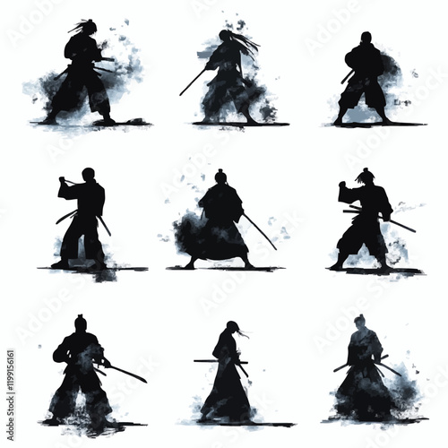 15 silhouettes of people in martial arts stances