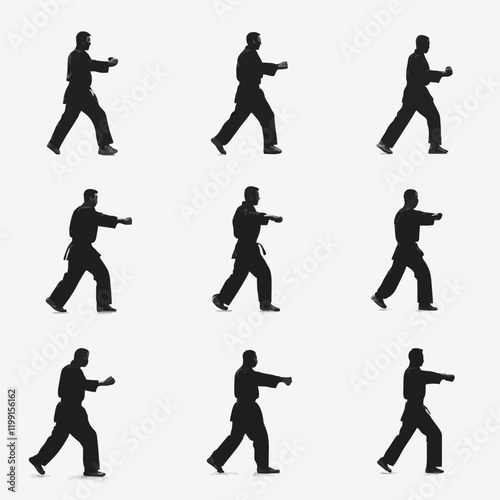 15 silhouettes of people in martial arts stances