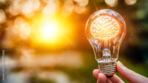 A glowing light bulb with a brain inside held by a person, with a blurred futuristic background representing creativity