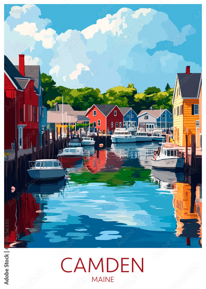 Camden Maine Poster Illustration Travel Print Decor Gift Paper Canvas Wall Retro Art