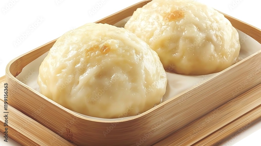 A serving of golden dumplings in a traditional wooden tray, complemented by subtle Chinese pattern elements in the design A serving of golden dumplings in a traditional wooden tray, complemented by subtle Chinese pattern elements in the design