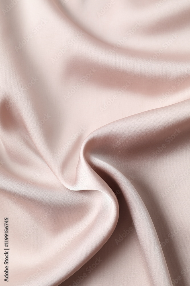 Fototapeta premium Beige silk satin. Shiny smooth fabric. Soft folds. Luxury background with space for design. Flat table, top view