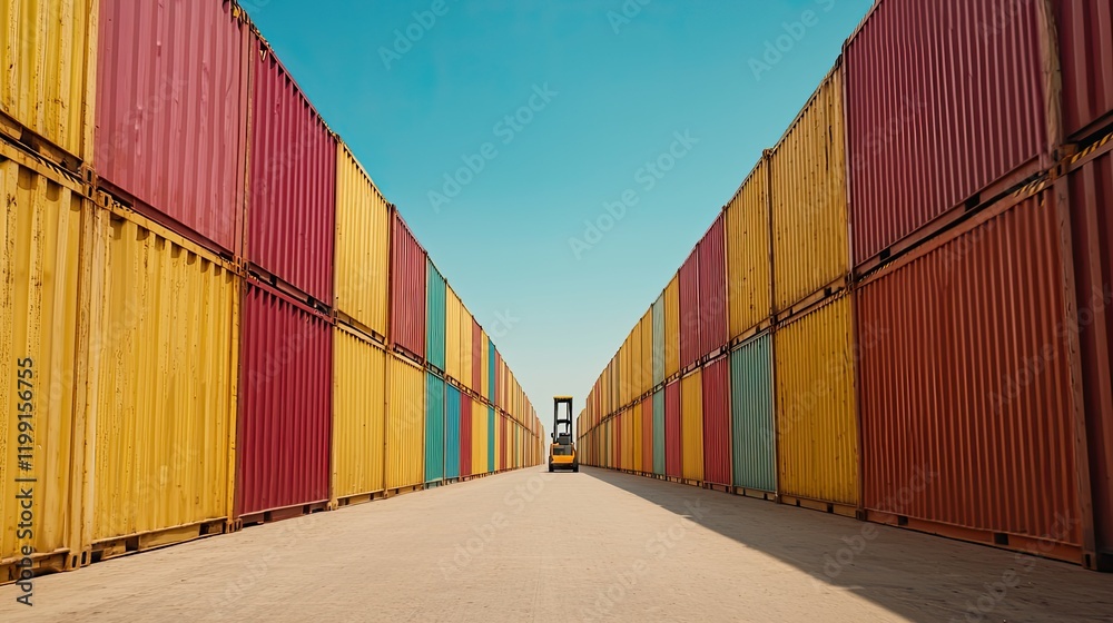 Fototapeta premium Forklift operating in colorful container yard