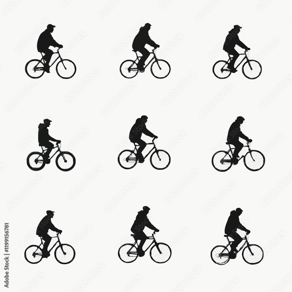 Obraz premium 15 silhouettes of people riding bicycles in different positions