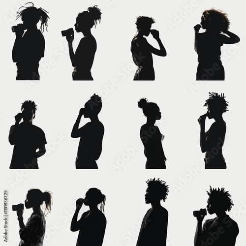 15 silhouettes of people posing for photographs