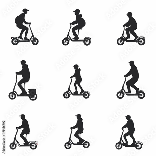 15 silhouettes of people riding scooters in various directions