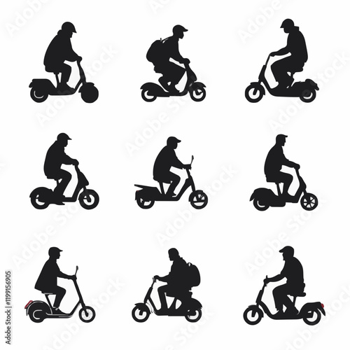 15 silhouettes of people riding scooters in various directions