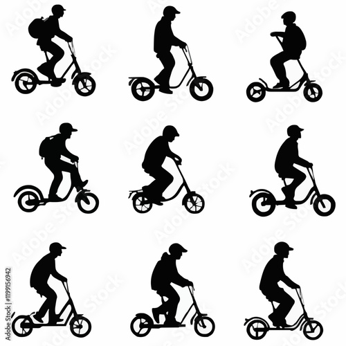 15 silhouettes of people riding scooters in various directions
