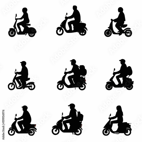 15 silhouettes of people riding scooters in various directions