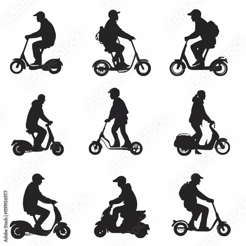 15 silhouettes of people riding scooters in various directions