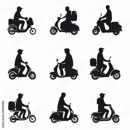 15 silhouettes of people riding scooters in various directions