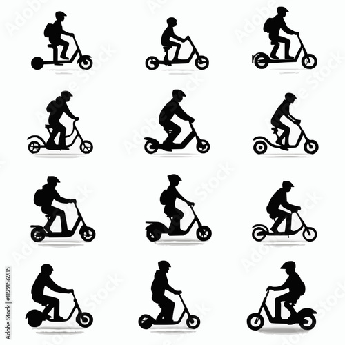 15 silhouettes of people riding scooters in various directions