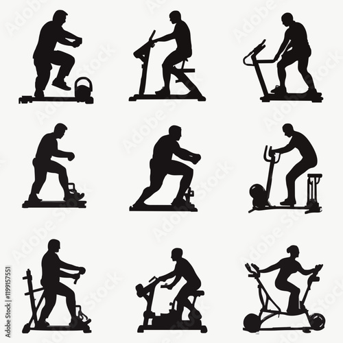 15 silhouettes of people using different types of exercise equipment