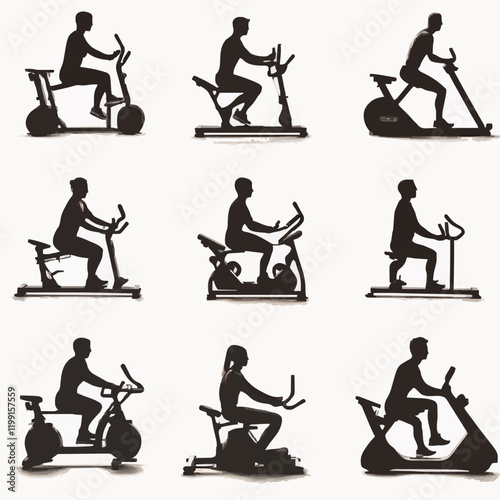 15 silhouettes of people using different types of exercise equipment