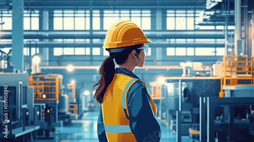 A woman in safety gear observes a modern manufacturing facility, showcasing industrial innovation and workplace safety.