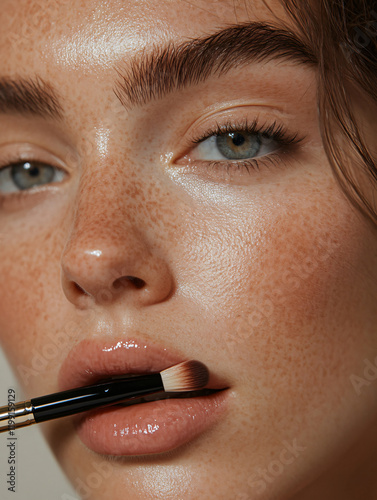 Close-up British female model freckled skin makeup brush natural beauty glowing complexion elegant, contemporary editorial style vogue figure chic light white banner photography studio glow skin