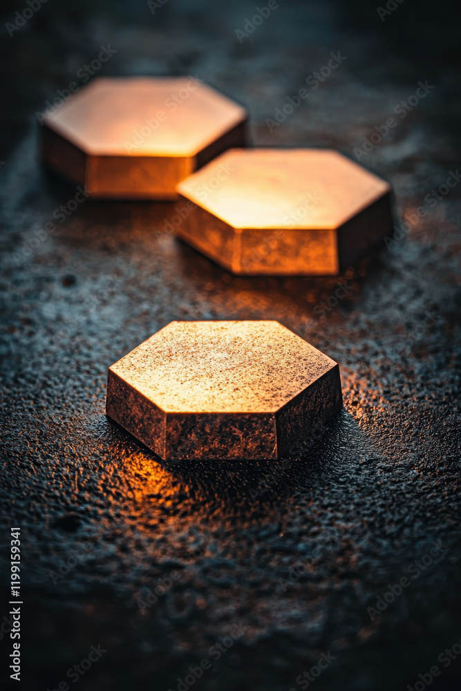 Intricate Metal Hexagons Gleaming with Warm Light: A Captivating Exploration of Geometry and Design in Modern Industrial Textures Intricate Metal Hexagons Gleaming with Warm Light: A Captivating Exploration of Geometry and Design in Modern Industrial Textures