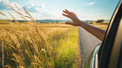 Hand Out Car Window with Grass Field and Road