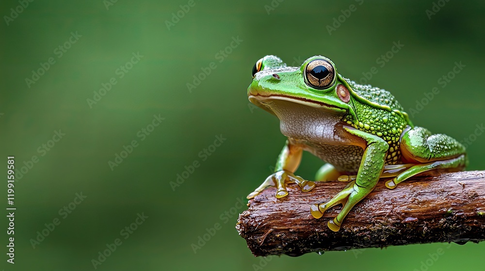 Frog resting on branch nature close-up green Frog resting on branch nature close-up green