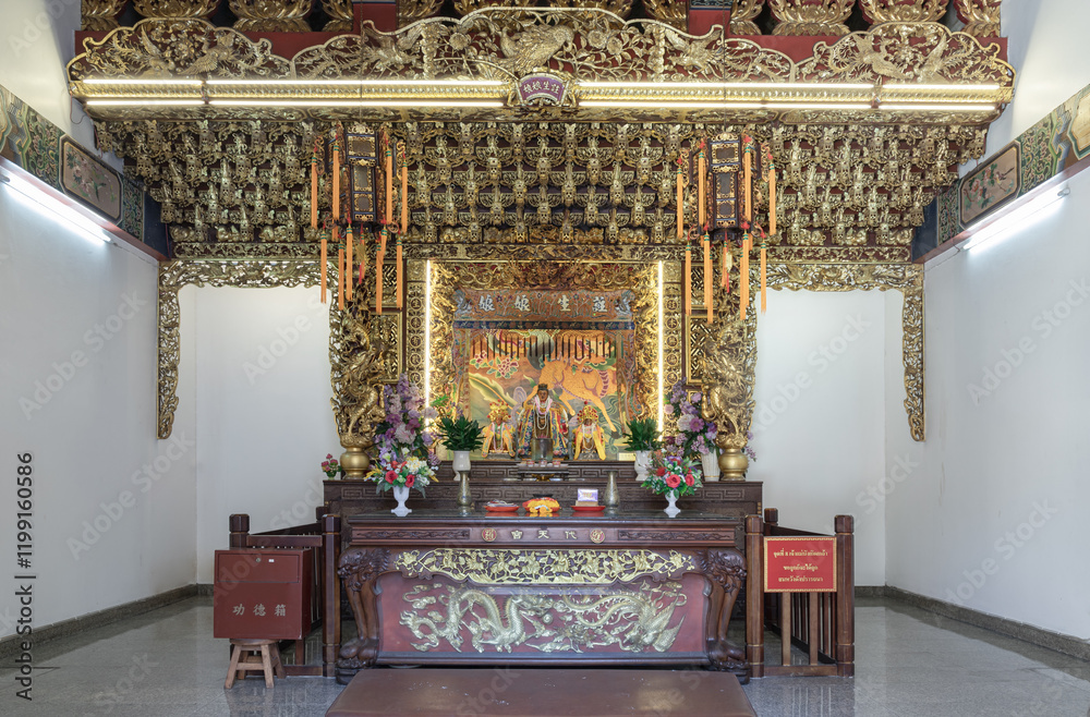 Phra Mae Bang Klao Statue inside the Buddhist temple of Wat Dhammakatanyu (Xian Lo Dai Tien Gong). Taiwanese art style, use it as your Wallpaper, Poster and Space for text, Selective focus.