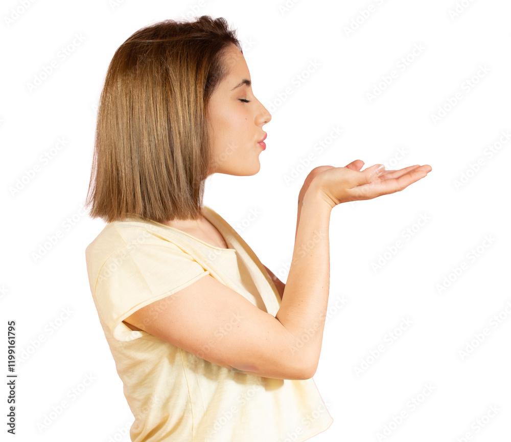 Close up portrait of a beautiful woman in casual t-shirt sending an air kiss over transparent background. PNG transparent. Close up portrait of a beautiful woman in casual t-shirt sending an air kiss over transparent background. PNG transparent.