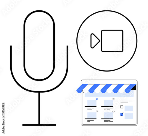 Minimalistic black and white drawing of a microphone, a video icon, and a digital storefront with a blue awning. Ideal for digital marketing, communication, webinars, online business, podcasts