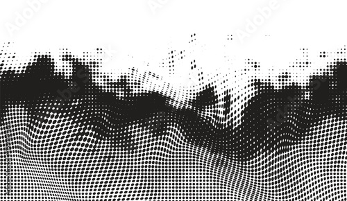 Halftone Ripples, A dynamic, flowing pattern of black dots creates a textural, wave-like effect across a white background, hinting at movement and disruption,