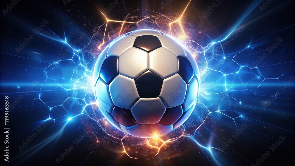 Naklejka premium A soccer ball with a mesmerizing light show emanating from its panels, creating an electric atmosphere at night, Glowing Object, Athletic Action