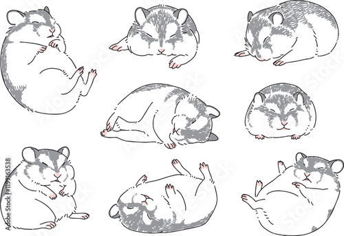 眠っているハムスターの手描きイラストセット