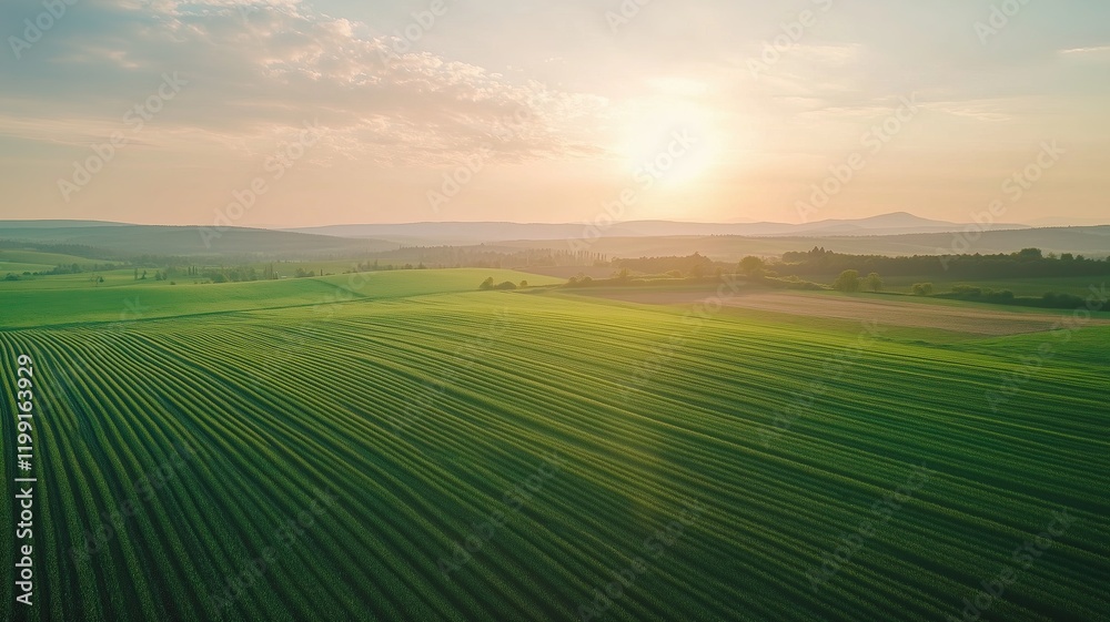 Obraz premium Sunrise over lush green fields rural landscape aerial photography serene environment nature's beauty concept