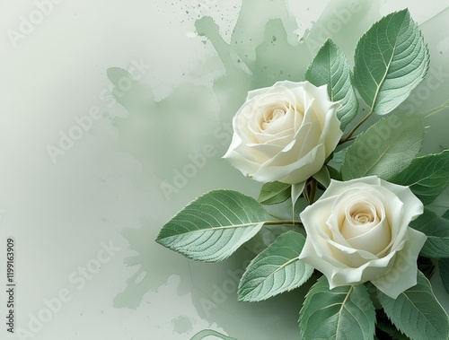 Fresh mint green leaves combined with white roses and subtle sage watercolor splashes