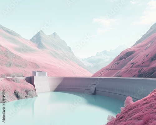 Silhouetted dam in pink-hued landscape serene reservoir nature photography mountainous environment wide angle view tranquility photo