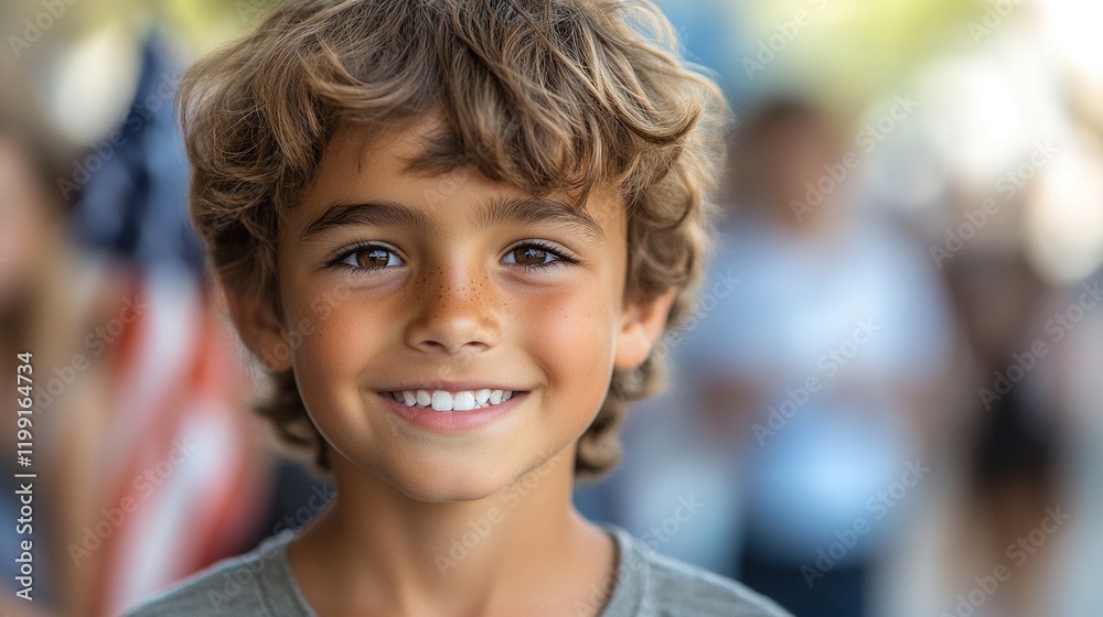 A smiling boy with curly hair stands in a lively outdoor setting, exuding joy and warmth. A smiling boy with curly hair stands in a lively outdoor setting, exuding joy and warmth.